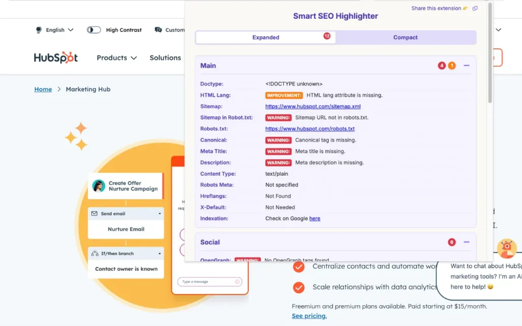 Hubspot website - screenshoted during Smart SEO Extension's work