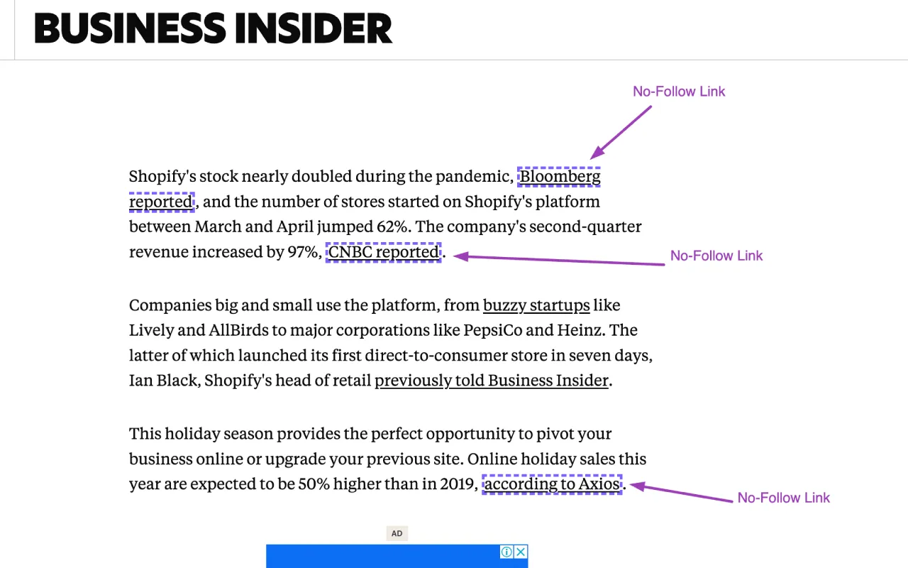Business Insider blog screenshot, showing no-follow link highlights