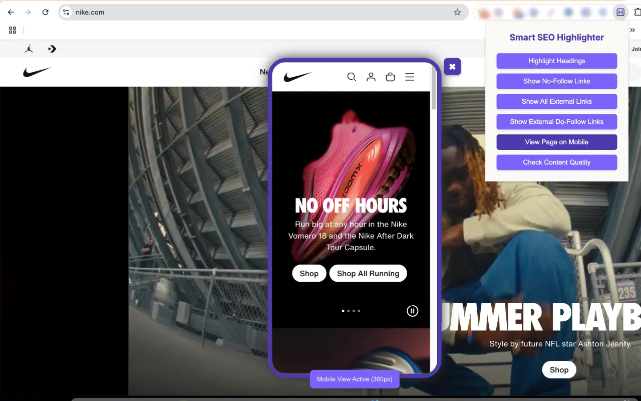 Nike's homepage screenshot, and "View page on Mobile" feature activated